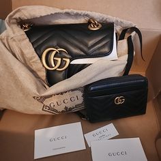 Introducing The Nwt Gucci Gg Marmont 2 Mini Bag In Black Leather With Brass Hardware And A Chic Chevron Quilted Pattern. This Mini Crossbody Bag Is The Perfect Size At 8.5 Inches In Width, 5 Inches In Height, And 2.5 Inches In Depth. It Features A Buckle And Snap Closure And An Adjustable Leather And Metal Strap In Gold. The Interior Lining Is Made Of Soft Microfiber In Black, And The Bag Has A Gucci Marmont Product Line Label. It Also Comes With A Matching Gg Marmont Wallet. This Luxurious Bag Marmont Gucci Bag, Luxury Gucci Bag With Branded Hardware, Gucci Crossbody Bag Marmont, Gucci Marmont Bag Black, Gucci Marmont Wallet On Chain, Gucci Bag Outfit, Chevron Quilt Pattern, Gucci Marmont Bag, Gucci Purses