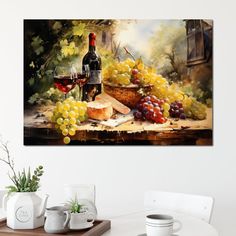 a painting of wine and grapes on a table