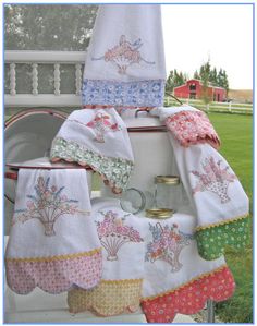 Grandmas Tea Towels Dish Towel Embroidery, Vintage Handkerchiefs Crafts, Kitchen Towels Crafts, Crabapple Hill, Tea Towels Embroidery, Handkerchief Crafts, Linen Baskets, Vintage Tea Towels, Towel Embroidery