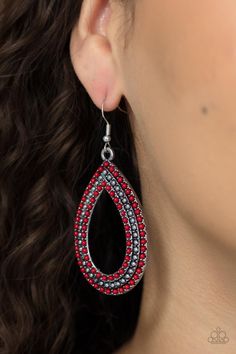 Two rows of dainty red seed beads flank a center row of silver studs across the front of a silver teardrop frame, coalescing into a colorful lure. Earring attaches to a standard fishhook fitting.

 Sold as one pair of earrings. Paparazzi Accessories Jewelry, Patriotic Fashion, Kids Rings, Spring Accessories, Fish Hook Earrings, Paparazzi Accessories, Red Earrings, Blue Jewelry, Paparazzi Jewelry