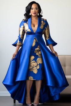 Xpluswear Design Plus Size Formal Red Floral Round Neck 3/4 Sleeve Peplum Satin Midi Dresses - Xpluswear Plus Size Evening Gown Special Occasions, Blue African Print Dress, African Dresses For Women Wedding, Church Dresses For Women Classy Chic, Satin Midi Dresses, Vip Dress, Winter Tips, Dresses Occasion, Plus Size Formal