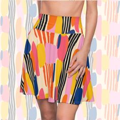 Available in a range of sizes, our circle mini skirt caters to all body types, ensuring a flattering fit for everyone. Embrace the laid-back vibes of summer and make a statement with our retro abstract pattern spandex mini skirts, available in several different pattern designs. 95% Polyester 5% Spandex A versatile fit AOP skater skirt with a cozy, soft touch and a casual look. Inspired by the freedom of creativity, it will instantly become your everyday favorite. Stretch Mini Skirt With Built-in Shorts For Vacation, Trendy Stretch Summer Skort, Fitted Summer Mini Skirt With Elastic Waistband, Fitted Elastic Waistband Mini Skirt For Summer, Casual Skirt With Wide Waistband For Summer, Beach Flared Stretch Skirt, Summer Fitted Mini Skirt, Beach Stretch Flared Skirt, Trendy Stretch Mini Skirt With Elastic Waistband