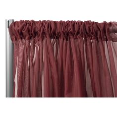 red sheer curtains hanging on the side of a metal pole