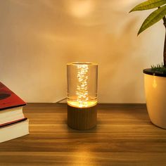 a lamp that is on top of a table next to a book and a plant