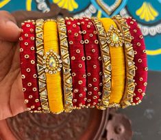 Traditional Handmade Silk Thread Kundan Stone Studded Bangle Chuda Set Fashion Jewelry For Women Wedding Festive Party Wear Kada Set BANGLE SIZE -  2.4" Inches, 2.6" Inches, 2.8" Inches, 2.10" Inches Weight - 125 gm  Material: Silk Thread Color: As Per Picture The Bangles are decorated with beautiful stone. It makes your look noble and adds your charming Package include Set Of Silk Thread Bangles Fantastic Hand Kada for weddings, proms, parties or other special occasions * Specially Made For Traditional Occasions. * Used For Hands, It Can Be Reused. * For Bridal bridesmaids. Silk Thread Kundan Bangles Design, Fabric Bangles, Pearl Earrings Designs, Silk Thread Bangles Design, Silk Bangles, Saree Tassels Designs, Thread Bangles Design, Ankle Bracelets Diy, Bangles Diy