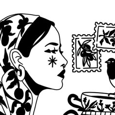 a black and white drawing of a woman looking at a bird on a postcard