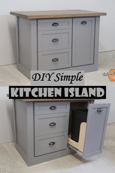 the diy simple kitchen island is made from an old cabinet and has been painted gray