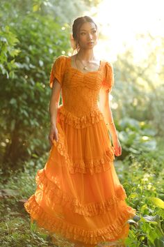 Orange Dress With Sleeves, Orange Wedding Dress, Scullery Maid, Fairytale Outfits, Descendants Outfits, Bright Dresses, Raya Dress, Orange Lace Dress, Petal Sleeves