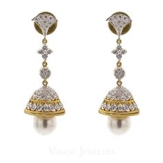 2.24CT Diamond Jhumki Drop Earrings Set In 18K Yellow Gold W/ Pearl Drops & Screw Back Post Closure - Virani Jewelers Festive White Diamond Earrings, White Jhumkas For Festive Formal Occasions, Elegant Diamond Jhumkas For Anniversary, Elegant Formal American Diamond Jhumkas, Elegant Diamond Chandbali Jhumkas, Elegant Formal Jhumkas With American Diamond, Formal Diamond Jhumkas With Latkans, Elegant Pearl Earrings With Latkans For Formal Events, Diamond Jhumkas With Latkans For Formal Occasions