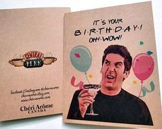 a birthday card with an image of a man holding a wine glass in front of him