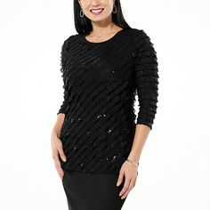 Antthony Lady Luxe Ruffle Knit Blouse with Sequins Soft, layered ruffles with the subtle sparkle of scattered sequins romance this classic pullover blouse designed in a curve-hugging (yet forgiving) 3/4-sleeve silhouette. Elegant Winter Tops With Sequins, Elegant Sequined Tops For Winter, Elegant Sequined Winter Tops, Elegant Winter Sequin Tops, Glamorous Formal Tops With Ruffles, Elegant Long Sleeve Knit Top For Party, Elegant Fitted Knit Top For Parties, Elegant Stretch Sequin Top, Elegant Evening Knit Top For Winter