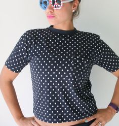 1980s POLKA DOTS Crop Top Tee...size small to medium womens....top. 1980s .1990s. black and white. h Trendy Polka Dot Short Sleeve Tops, Trendy Short Sleeve Tops With Polka Dot Pattern, Summer Polka Dot Crew Neck Top, Fitted Polka Dot Cute Tops, Cute Fitted Polka Dot Tops, Fitted Cute Polka Dot Tops, Retro Polka Dot Tops For Spring, Spring Polka Dot Retro Tops, Trendy Polka Dot Cotton Tops