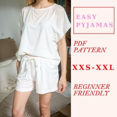 Let me introduce you this easy pyjamas set sewing pattern. It includes a comfy top and shorts with elastic band and optional inseam pockets. For this pattern you can use light weight fabric such as cotton, silk, viscose, linen. These comfy pyjamas sewing pattern is beginner-friendly. It includes detailed sewing instructions to ensure that everyone can easily follow along. This easy sewing pattern is available in seven sizes, from XXS to XXL. You can print the pattern at home using A4 or US Lette Pajama Sewing Pattern, Set Sewing Pattern, Comfy Pyjamas, Pajama Pattern, Pyjamas Set, Pajamas Comfy, Sewing Class, Easy Sewing Patterns, Comfy Tops