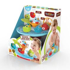 two boxes with toys in them that look like children's bath tubs and toys