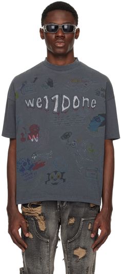 We11done Gray Doodle T-shirt Graffiti T Shirt, Graffiti Shirt, Vintage Rock Tees, Stencil Graffiti, Streetwear Graphic Tees, Distressed Tee, Graphic Ideas, Vintage Football, T Shirts Men