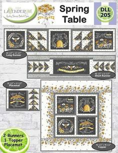 the spring table quilt pattern is shown in three different sizes and colors, including one with yellow