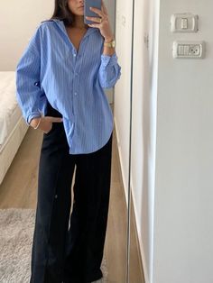 Half Sleeve Button Up Shirt Outfit, Dark Blue Linen Pants Outfit, Outfits With Shirts Women, Outfit Chemise Bleu, Retail Work Outfits Women, Modest Summer Outfits Aesthetic Casual, Corporate Summer Outfits, Causal Outfits 2024, Summer Internship Outfit