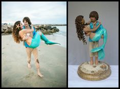 three pictures of two people on the beach and one with a mermaid tail holding a child