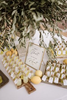 a table topped with lemons and small cards