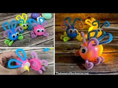 three pictures of different types of toys in the process of making an octopus with googly eyes