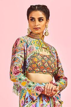 Shop for DiyaRajvvir Multi Color Modal Printed Cape And Dhoti Skirt Set for Women Online at Aza Fashions Designer Multicolor Sets With Motifs, Multicolor Motif Sets For Designer Wear, Festive Multicolor Tops With Dupatta, Embroidered Multicolor Tops For Eid, Designer Multicolor Motif Sets, Multicolor Motifs Designer Sets, Bollywood Multicolor Transitional Sets, Multicolor Choli For Transitional Season, Multicolor Long Sleeve Lehenga For Eid