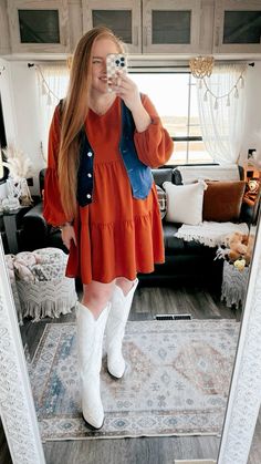 This look is perfect for a concert 🧡dress | amazon dress | orange dress | orange Amazon dress | ruffle dress | boots | cowgirl boots | amazon cowgirl boots | white cowgirl boots | amazon boots  | Amazon finds | Amazon fashion | Amazon outfit | Amazon must haves  | Amazon look | concert look | concert outfit | concert finds | concert must haves | Amazon concert outfit | country concert | Morgan wallen concert | Taylor swift concert | concert season | denim vest | amazon denim vest | free people dupe | amazon free people dupe | free people denim vest dupe