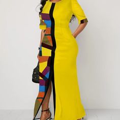 Geometric Print Half Sleeve Yellow Maxi Dress. Nwot Us/Ca 18, Uk/Au 20, Eu 48. Make Me An Offer. Bundle And Save Chic Fitted Patchwork Maxi Dress, Fitted Patchwork Midi Dress For Work, Fitted Yellow Patchwork Dress, Yellow Fitted Maxi Dress For Workwear, Yellow Long Sleeve Maxi Dress For Work, Yellow Maxi Dress For Work, Casual Fitted Maxi Dress For Office, Yellow Patchwork Maxi Dress, Chic Yellow Maxi Dress For Work