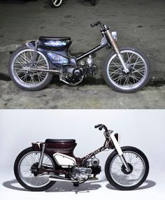 two different views of an old motorcycle and the same one in black and white colors