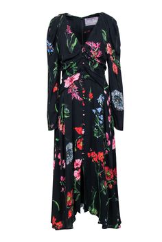 Step out in style in this chic Lela Rose maxi dress! This social season ready wardrobe must-have features a black and multi color floral pattern, long-sleeves, and a flattering silhouette. Pair with strappy heels and statement earrings to make a bold statement at your next event! Size 6 Shell100% Viscose Lining 100% Polyester Invisible zipper back Button front detail Long sleeves Bust 36" Waist 30" Shoulder to hem 54" Sleeve length 31.5" Black Floral Print Maxi Dress For Evening, Black Floral Print Maxi Dress For Spring, Floral Print Maxi Dress For Fall Daywear, Fall Floral Print Maxi Dress For Daywear, Black Floral Print Maxi Dress For Brunch, Black Floral Maxi Dress For Garden Party, Spring Black Maxi Dress For Daywear, Black Maxi Dress For Spring Daywear, Black Floral Print Maxi Dress For Fall