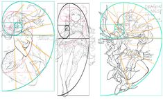 three different views of an anime character's face and body, with lines drawn on them