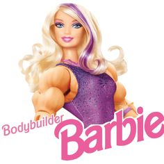 a barbie doll with blonde hair and blue eyes is in front of the body builder barbie logo