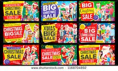 big christmas sale banners with cartoon characters on black and red background - csp1089