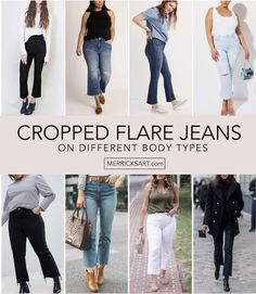 cropped flare jeans on other body types Crop Flare Jeans Outfit Spring, Black Kick Flare Jeans Outfit, Crop Flair Jeans Outfit, Cropped Flare Jeans Outfit Ankle Boots, Crop Kick Flare Jeans Outfit, Wide Leg Cropped Black Jeans Outfit, Crop Jeans Outfit Winter