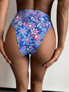 Floral-Printed High-Waisted Bikini Swimwear High Waist Blue Swimwear For Swimming, Fitted Blue Swimming Bottoms, Spring Brief Bottoms For Beach Party, High Waist Blue Tankini For Poolside, Blue High Waist Stretch Swimwear, Blue High-waisted Stretch Swimwear, Blue High Waist Tankini For Swimming, High Waist Blue Swimwear For Beachwear, Blue High-waist Tankini For Swimming