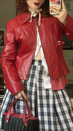 the perfect red leather jacket Pink And Red Outfit Aesthetic, Red Aesthetic Fashion, Pink Leather Jacket Outfit, Red Leather Jacket Outfit, Leather Jacket Outfit, Pink Leather Jacket, Red Vest, Leather Jacket Outfits, Jacket Outfit