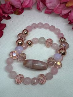 2 strands of Pink beads - round beads, crystal roundels & rose gold beads. Bracelets Pink, Rose Gold Beads, Pompano Beach, Pink Beads, Pink Bracelet, Gold Beads, Stretch Bracelets, Round Beads, Halloween Shopping