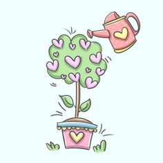 a tree with hearts growing out of it and watering water from a pink watering can