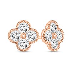 Destined to be cherished, these vintage-inspired diamond stud earrings are a sparkling addition to her jewelry box. Crafted in precious 10K rose gold, each petite earring features a quartet of 1/20 ct. diamonds wrapped in milgrain-edged clover-shaped frames. Shimmering with 1/2 ct. t.w. of diamonds and a brilliant buffed luster, these keepsake post earrings secure comfortably with friction backs. Rose Gold Flower Shaped Diamond Earrings For Formal Occasions, Luxury Rose Gold Diamond Earrings With Halo Design, Fine Jewelry Diamond Earrings In Rose Gold, Rose Gold Diamond Earrings Fine Jewelry, Timeless Rose Gold Diamond Earrings, Fine Jewelry 14k Rose Gold Diamond Earrings For Anniversary, Rose Gold Diamond Flower-shaped Earrings, Rose Gold Diamond Earrings For Anniversary, Ethical Rose Gold Diamond Earrings