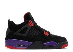 The Air Jordan 4 Retro NRG ‘Raptors’ hit stores in 2018, featuring a colorway inspired by the OG Air Jordan 7. Like its predecessor, the mid-top features a black nubuck upper with red and purple accents, the latter hue prominently featured on the shoe’s speckled midsole and Jumpman heel logo. A second Jumpman is embossed on the all-black tongue tag. Drake Ovo, Online Sneaker Store, Black Tongue, Jordan 4’s, Red Jordans, Jordan Retro 4, Flight Club, Nike Air Jordan Retro, Sneaker Stores