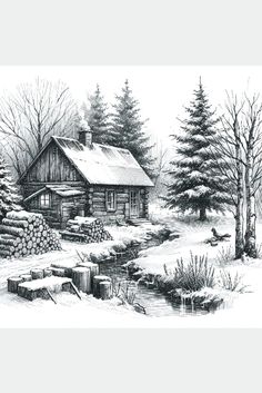 a black and white drawing of a cabin in the woods with snow on the ground