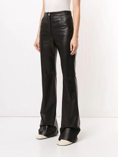 Chic Flare Leather Pants, Flare Leather Bottoms For Work, Chic Flared Leather Pants, Luxury Leather High-waisted Pants, Modern High-waisted Black Leather Pants, Leather Flare Bottoms For Work, Flare Leather Pants For Night Out, Flared Leather Bottoms For Work, Modern High Waist Black Leather Pants