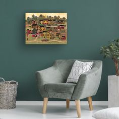 a living room with a chair, potted plant and starfish on the wall