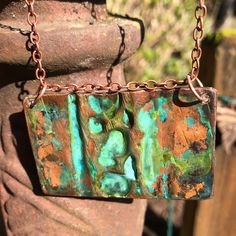 Handmade Hammered Copper Necklace With Copper Chain. This Piece Has A Green Patina Finish Then Sealed With A Lacquer Finish. The Piece Measures Approximately 2 Inches By 3 Inches. The Chain Is Adjustable And Measures About 12 Inches Long. Etched Jewelry, Boho Jewels, Green Patina, Patina Finish, Copper Necklace, Hammered Copper, Copper Chain, Enamel Jewelry, Jewelry Handmade