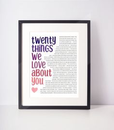 a framed book page with the words twenty things we love about you