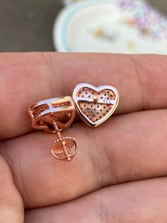 "Amazing stud earrings Solid 925 sterling silver with 14k rose gold plating Stamped 925 for authenticity Wont turn your ears green! 2ct vvs man made diamonds SUPER ICY About 0.5\" (12.5mm) wide perfect large size! Pair weighs around 3.6 grams Screw backs for a secure fit!" Rose Gold Diamond Heart Cut Earrings, Rose Gold Heart Cut Diamond Earrings, Rose Gold Heart Earrings With Diamond Accents, Rose Gold Cubic Zirconia Heart Earrings For Anniversary, Rose Gold Diamond Earrings In Sterling Silver, Rose Gold Heart Cut Earrings With Diamond Accents, Hypoallergenic Rose Gold Round Diamond Earrings, Rose Gold Heart Cut Earrings, Anniversary Rose Gold Heart Earrings With Cubic Zirconia