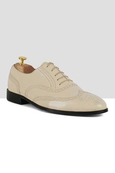 Off-white shoes with brogue pattern and almond toe. - Aza Fashions Men Footwear, Off White Shoes, Brogue Shoes, Shoes Men, White Shoes, Aza Fashion, Vegan Leather, Shoes Mens, Almond