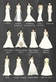 the different types of wedding gowns for each bride in their own body type, from front to back