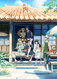 an anime scene with people sitting at tables and one person standing in front of the building