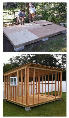 two pictures showing the inside and outside of a house being built with wood framing on it