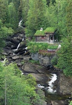 there is a small cabin in the middle of some trees near a river and waterfall